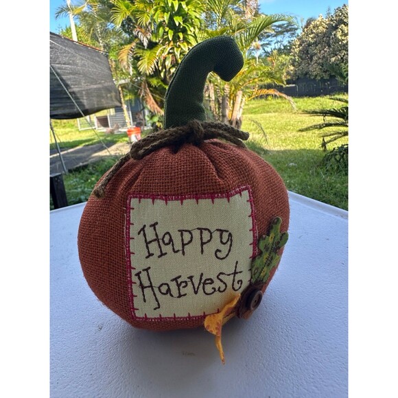 Happy Harvest Fall Season Stuffed Burlap Pumpkin Thanksgiving Shelf Sitter Decor - Picture 2 of 4